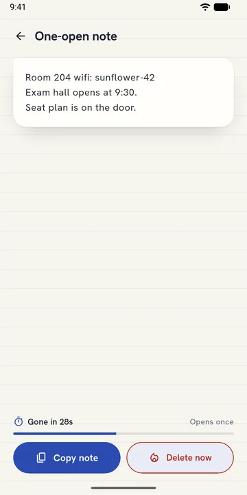 A one-open note in the NO SUS app, with a countdown before it is gone
