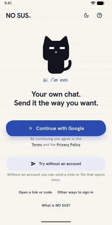 The NO SUS welcome screen with Nox the cat